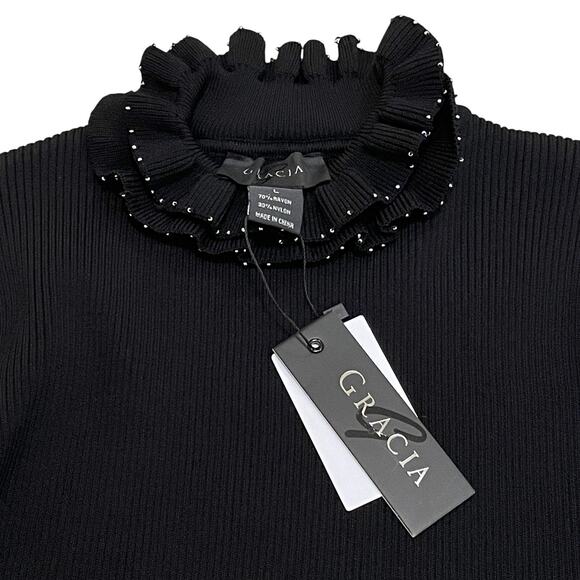 Gracia Stud Trim Ruffle Neck Black Sweater L | Y2K Glam, Beaded Holiday Knit NWT - Picture 2 of 6